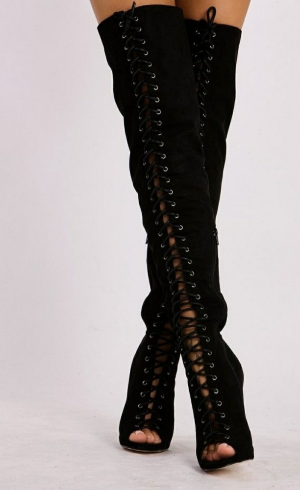 Suede Thigh High Open Toe Gladiator Boots